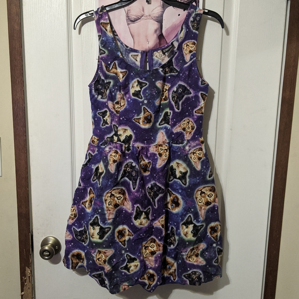 Retrolicious Galaxy Space Cats Mini Swing Fit Flare Quirky Dress W Pockets Small